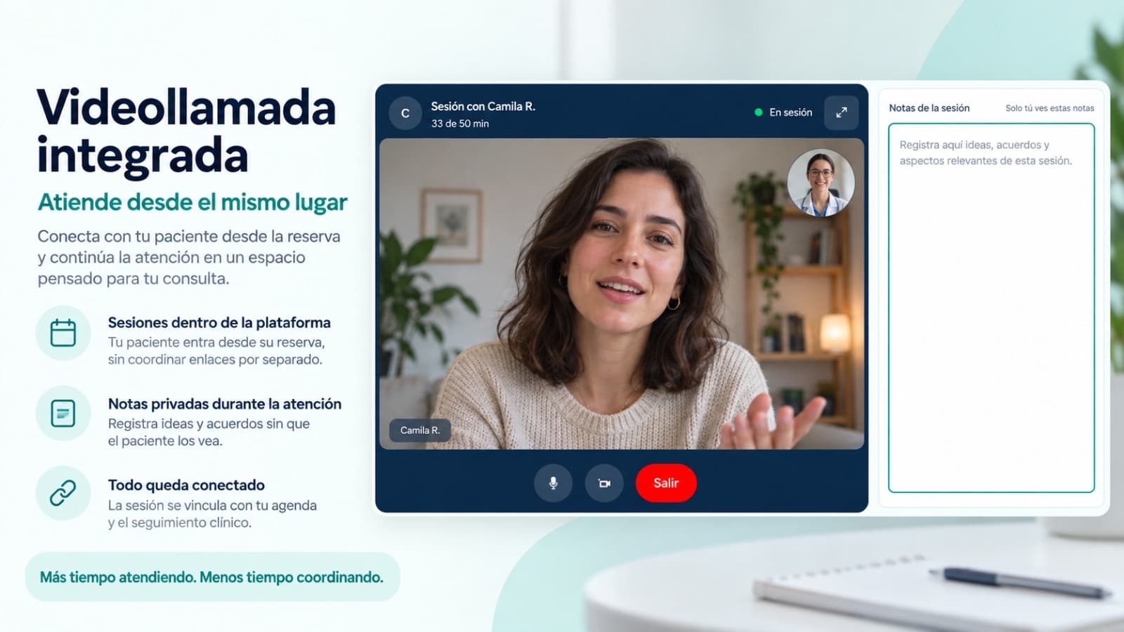 Al confirmar cada sesión se genera automáticamente una sala que estara disponible cuando llegue la hora de la atención. Sin configuración manual.