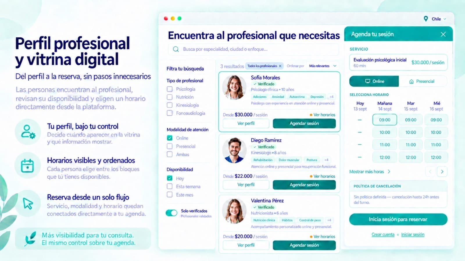 Recibe derivaciones automáticas de pacientes que hacen match con tu especialidad y disponibilidad. Tu consulta siempre activa.