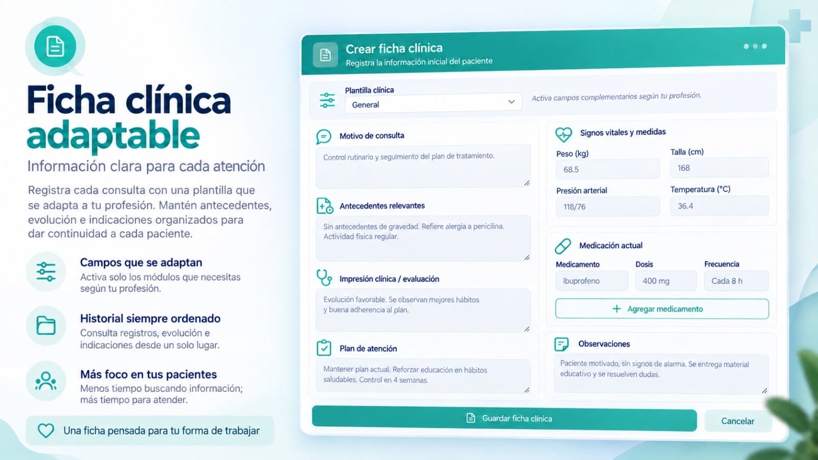 Registra notas de sesión, evolución y documentos por paciente. Todo cifrado, accesible solo para ti.
